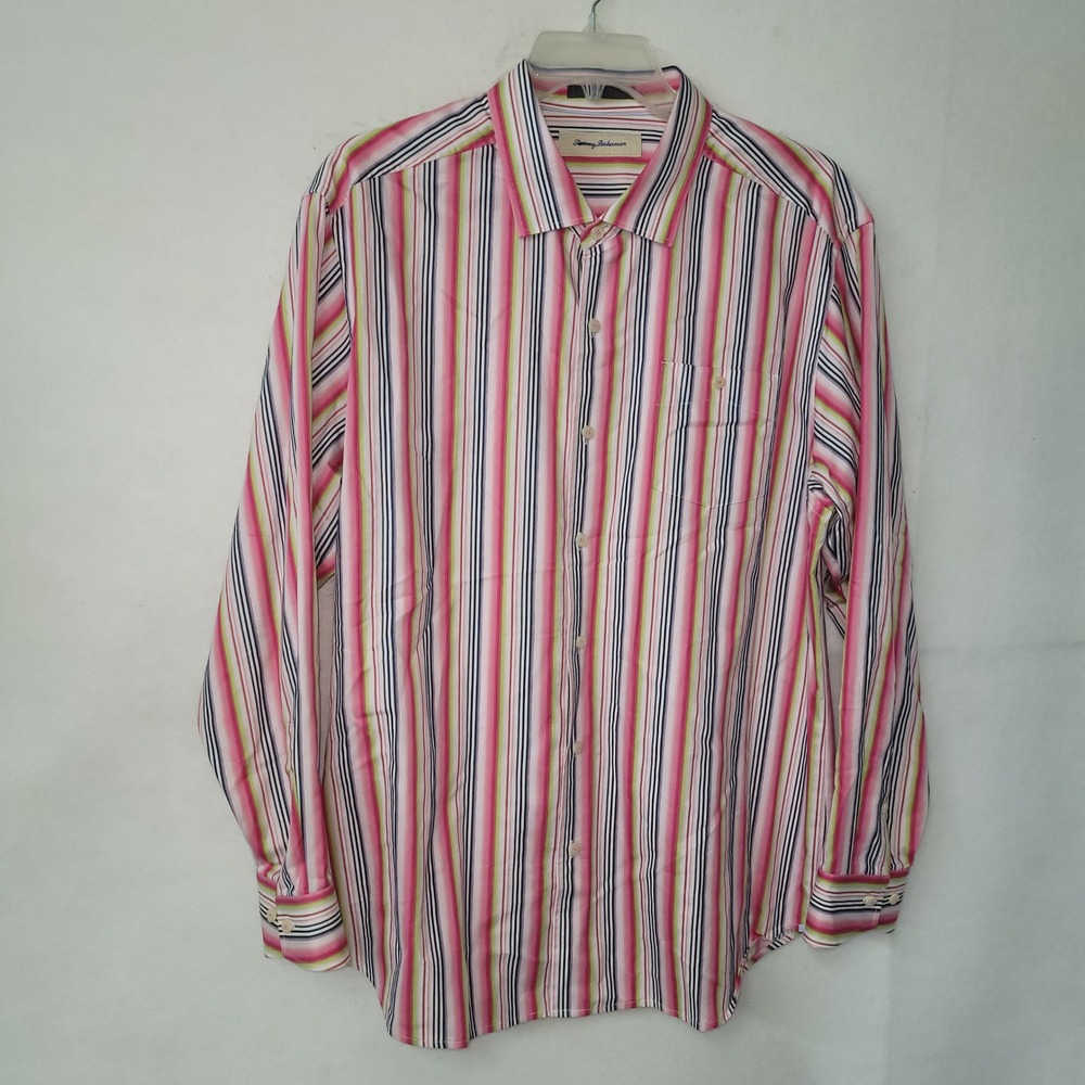 Tommy Bahama Shirt Mens‎ XL Striped Button Down Cotton Silk Pink Green Blue